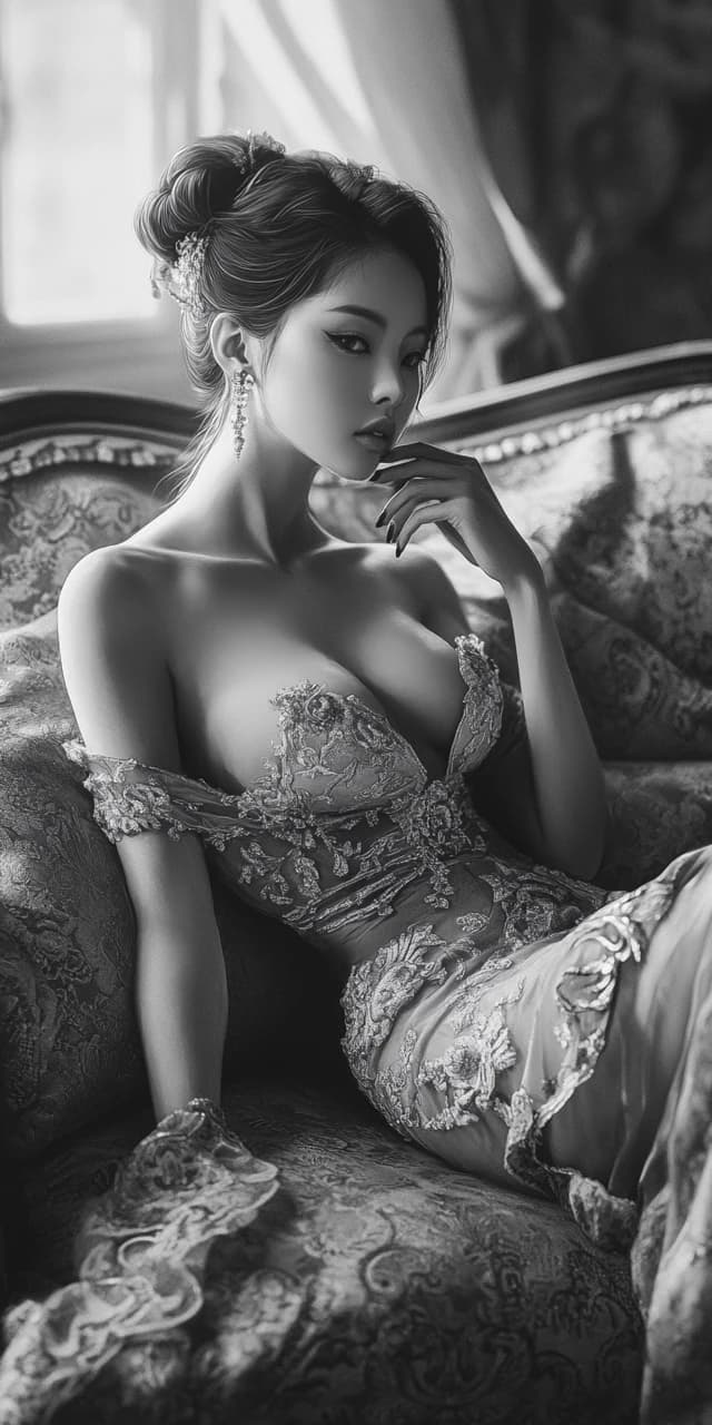 AI generated: a serene and elegant atmosphere, featuring a woman reclining on a couch in a luxurious setting. The ...