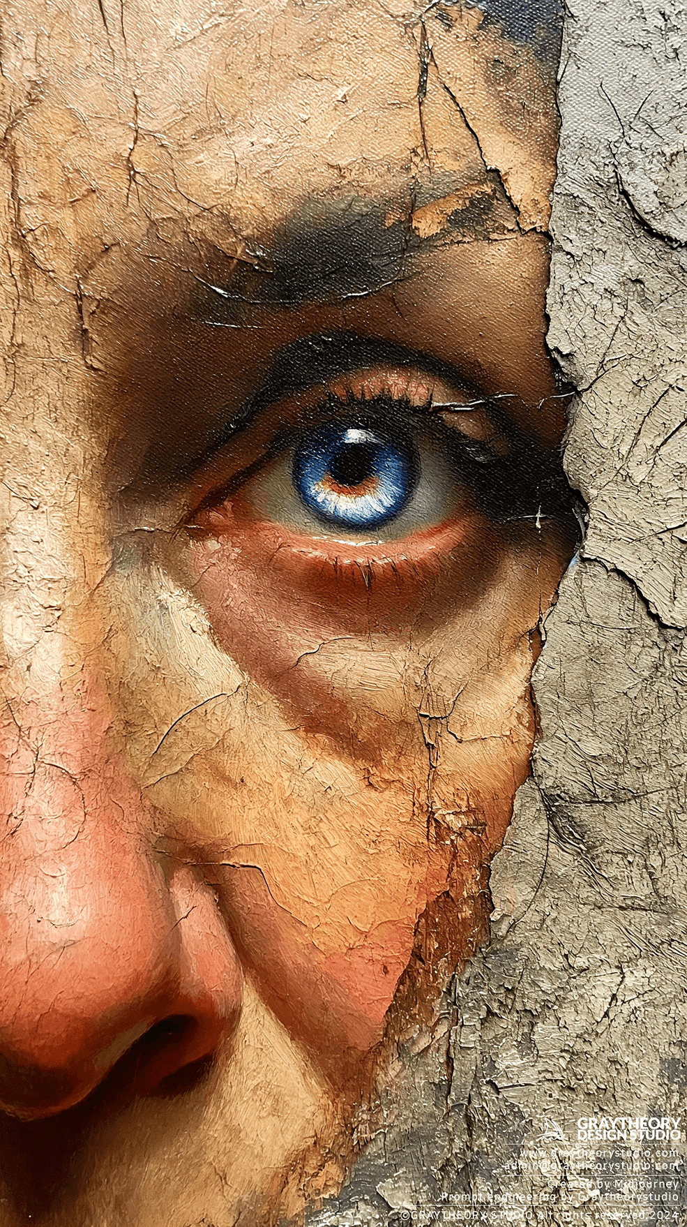 AI generated: portrait, profound gaze, artistic, oil painting, grainy, avant-garde, diego velazquez, brush touched