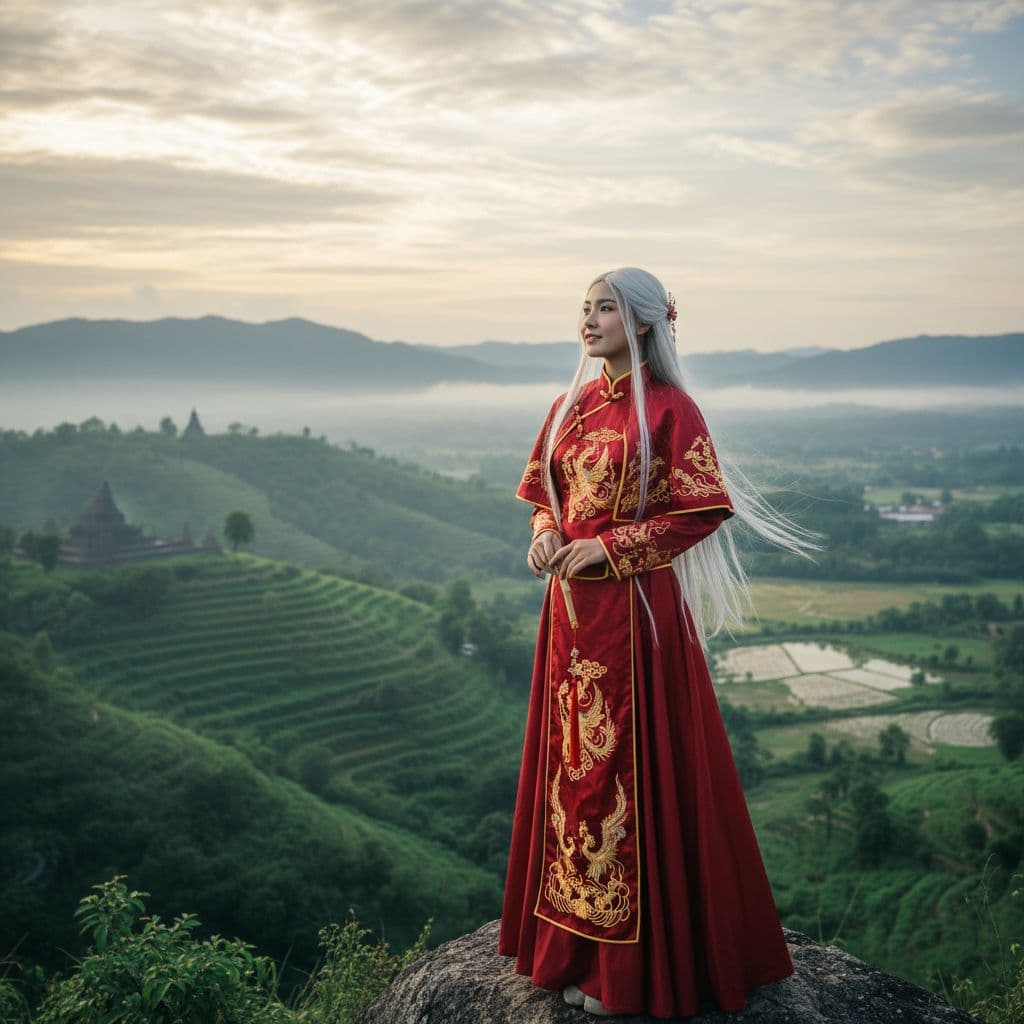AI generated: a photo of an Asian girl in a red national costume with long white hair loose against a background o...