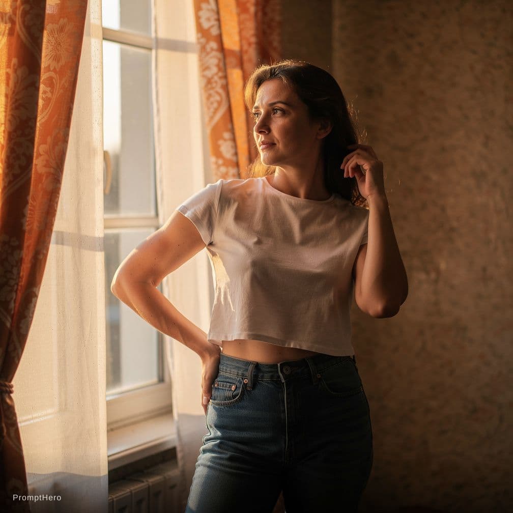 AI generated: This is a photorealistic image of a fit adult woman standing by a window in a softly lit room, weari...
