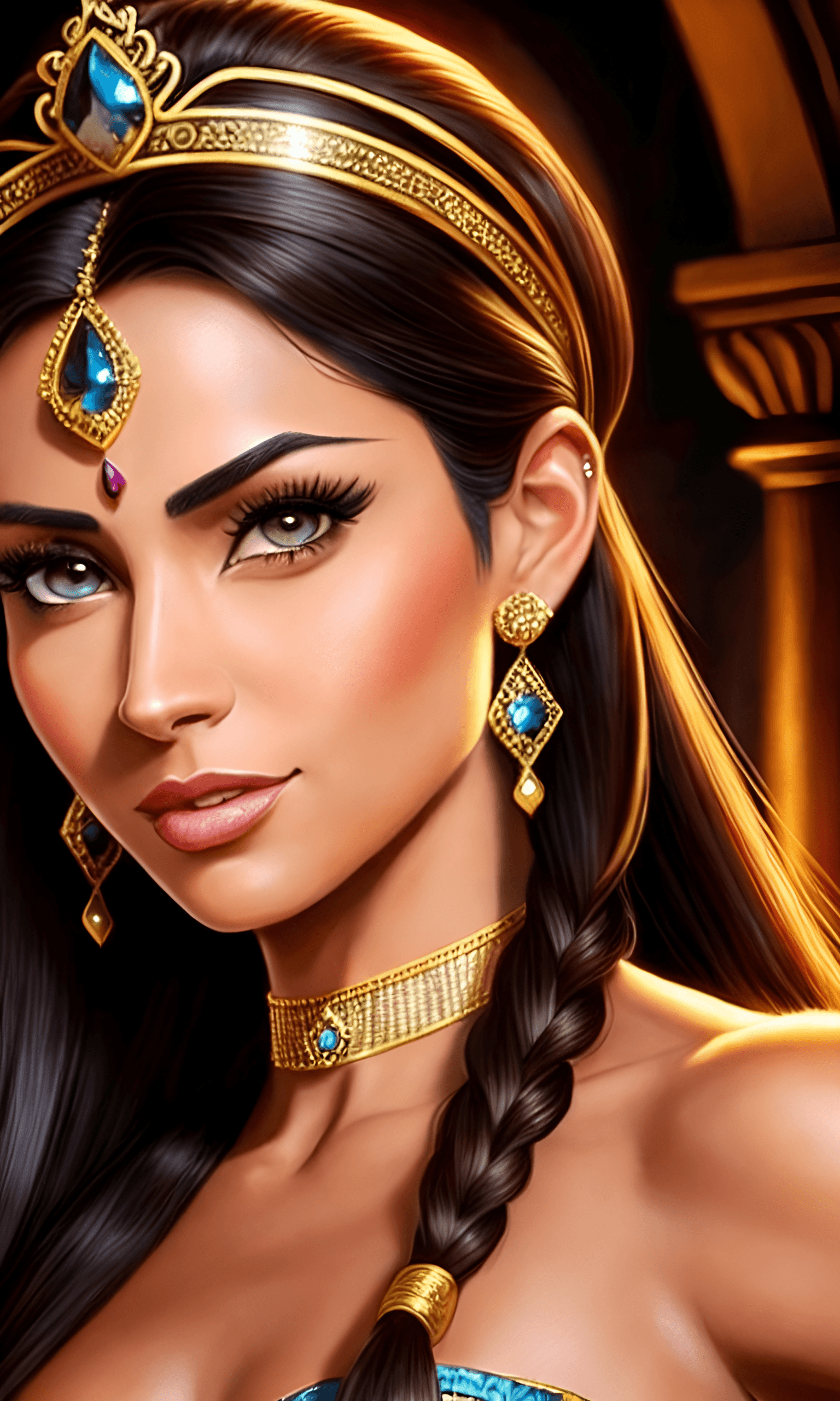 AI generated: Close-up Portrait Art of Princess Jasmine From Aladdin, extremely detailed Face, Blue Eyes, Tan Skin...