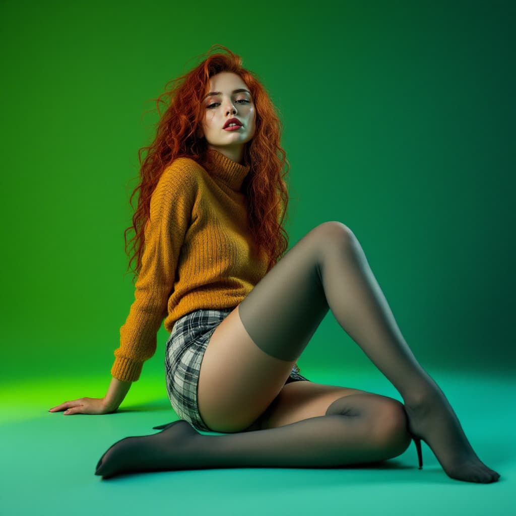 AI generated: wide and low angle, cinematic, fashion photography. Woman sitting on floor wearing long curly unkemp...