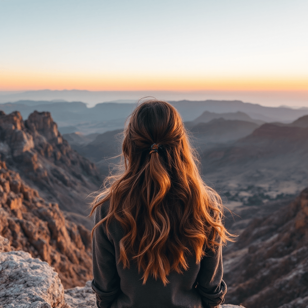 AI generated: beautiful lady with brown hair enjoys views to zabriskie point