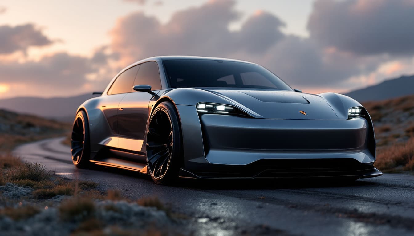 AI generated: Photo of a ultra realistic van. Porsche van. Create a new one. Take the front of the actual Porsche ...
