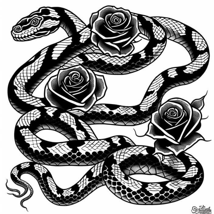 AI generated: snakes, tattoo sketch, smooth transitions, black patterns, more details, more flowers, pions, roses,
