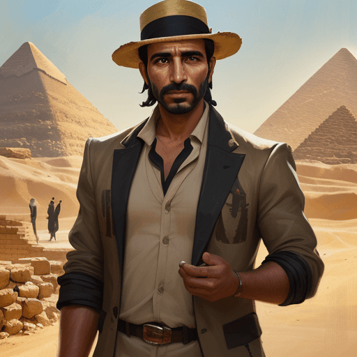 AI generated: new art : a 35 years old egypt man with archaeologist clothes. satara by johnny taylor, in the style...