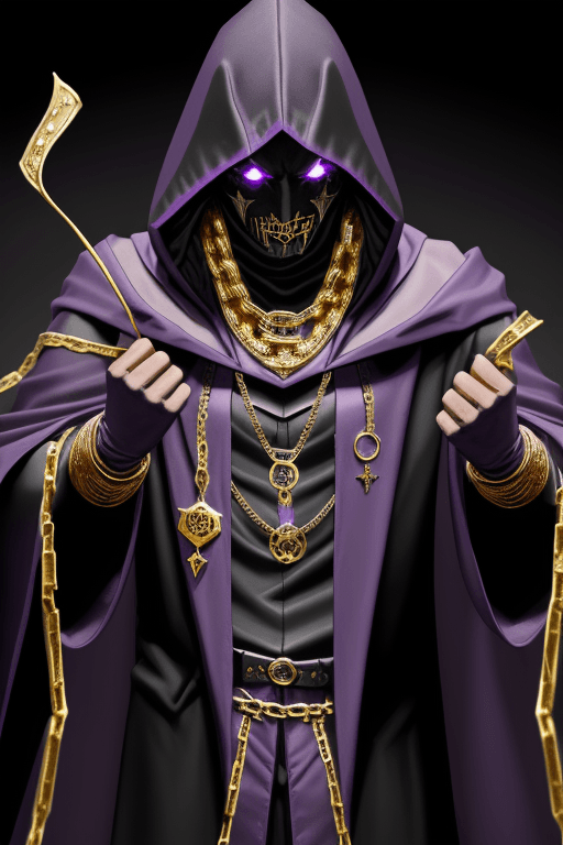 AI generated: Shadow wizard money gang, in purple cloak hood, dark face, gold chains and jewellery