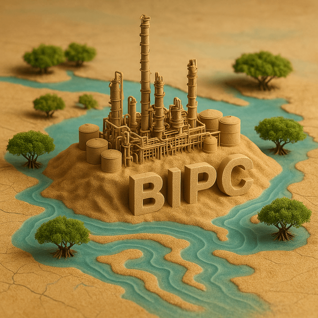 AI generated: miniature 3D sand-based model of a petrochemical complex with large sand-textured letters spelling "...