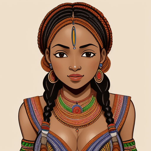 AI generated: Cute Tanzanian woman, braided hair, intricate tribal jewellery, in the style of Madhubani