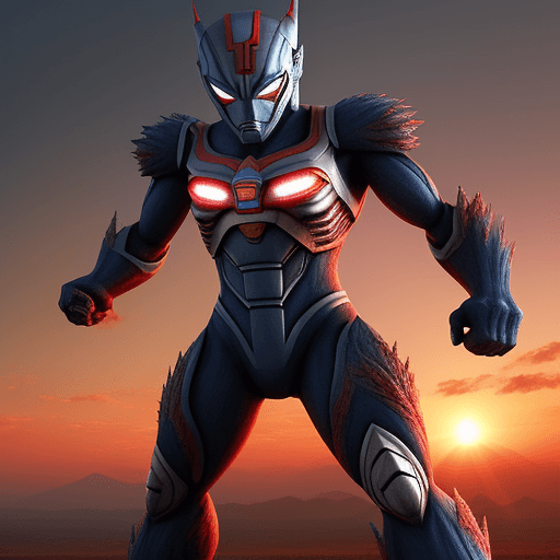 AI generated: A monster but it is small,background is sunrise,battle with a ultraman