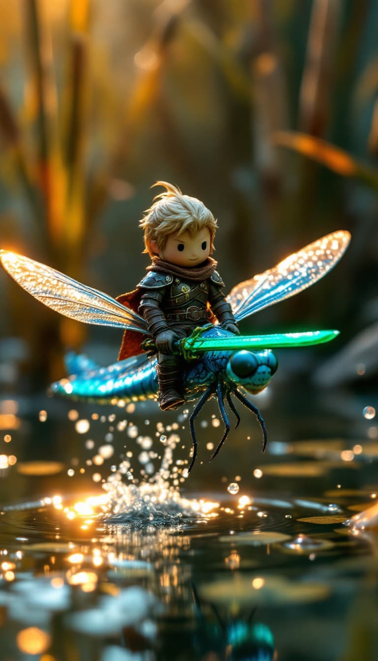 AI generated: "Macro photograph of a bold miniature warrior clad in leather armor, riding a shimmering blue dragon...