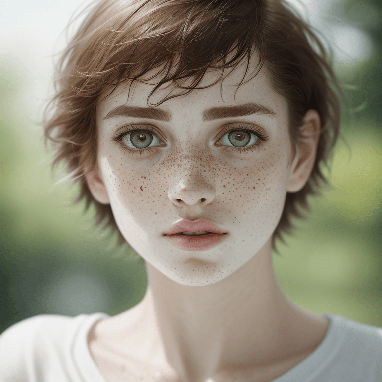 AI generated: Detailed and realistic portrait of a woman with freckles, round eyes and short messy hair shot outsi...