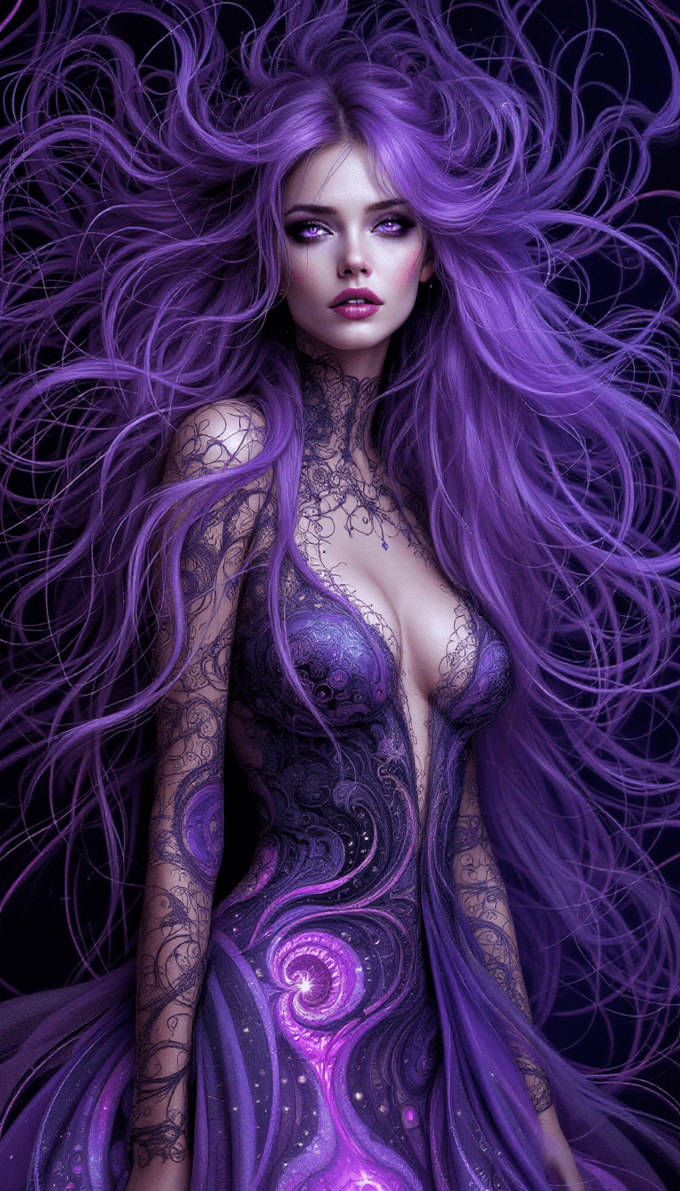 AI generated: A mysterious woman with long, flowing, violet hair, styled in a way that seems to be constantly shif...
