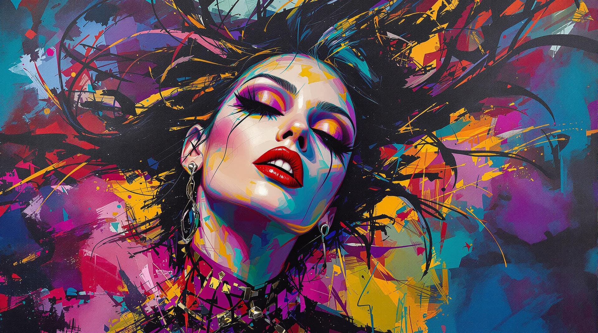 AI generated:    A lively and energetic oil painting in bright, vibrant colors showing  a gothic 
 woman   The sty...