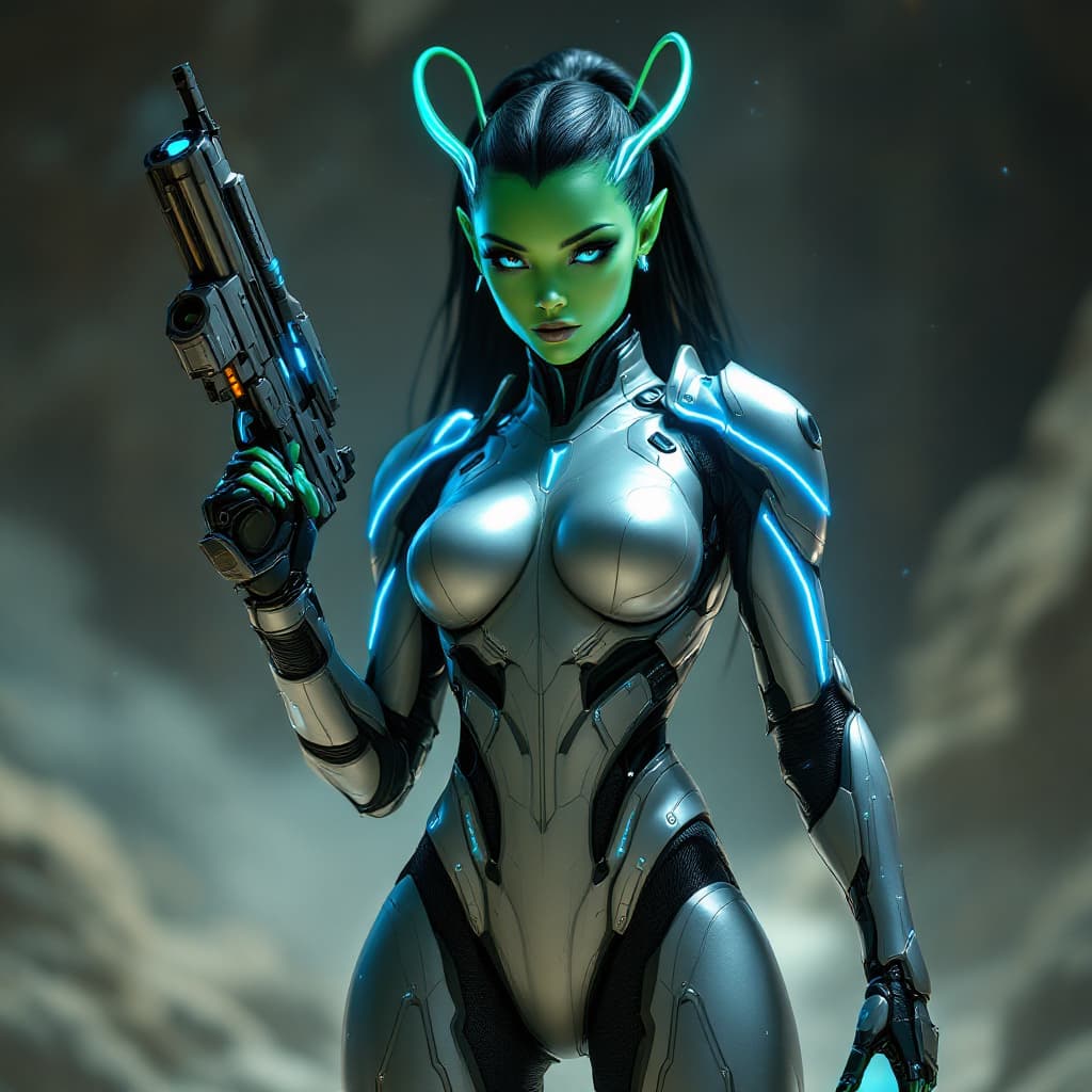 AI generated: A stunningly beautiful extraterrestrial woman with vibrant green skin and delicate features, exuding...