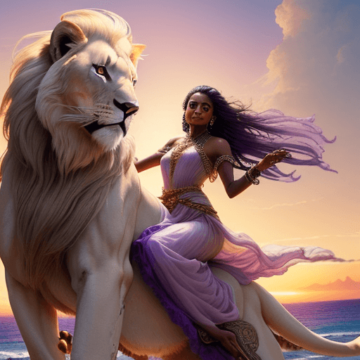 AI generated: Photo of an ultra realistic, brown-skinned goddess riding a flying  white lion, wearing flowing silk...