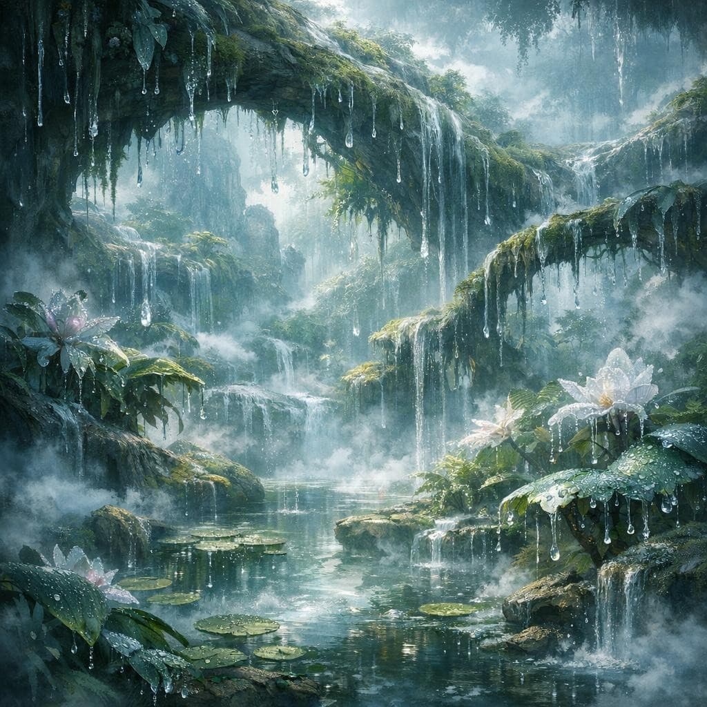 AI generated: Create a unique environment/Biome of a Ice Condensation → The Mist Gardens (thick humidity, water fo...
