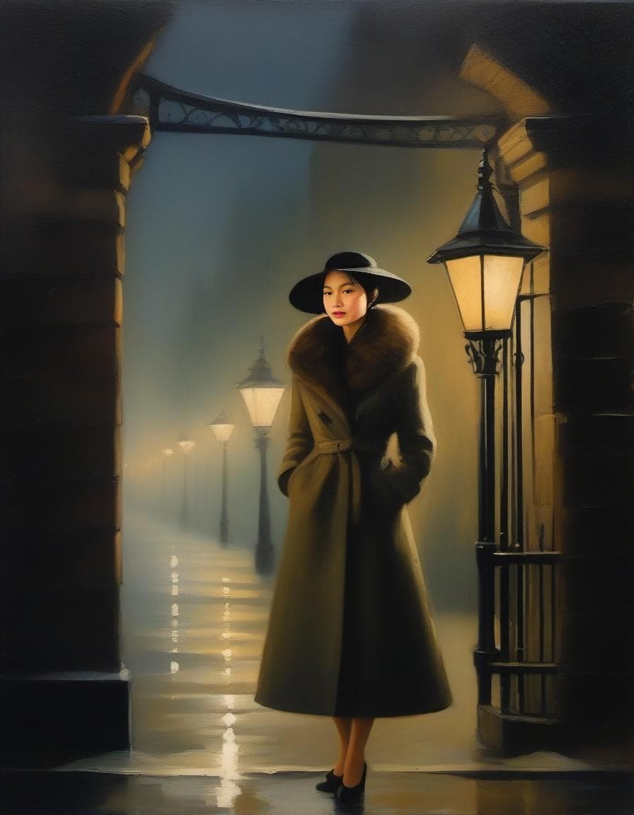 AI generated: A lady wearing furs stands under the street lamp, in the style of Picasso and Hopper, oil painting, ...