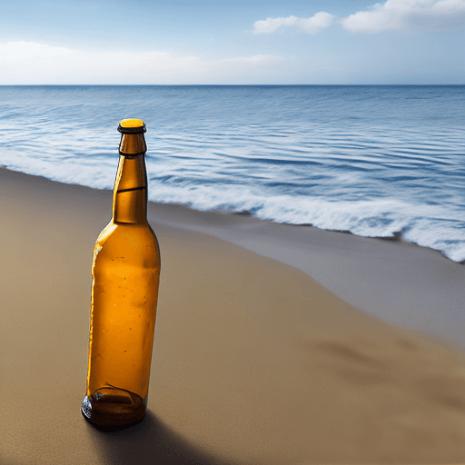 AI generated: UNA BOTELLA SOBRE ARENA DE UNA PLAYA , UNA ETIQUETA EN LA BOTELLA QUE TIENE LA SIGUIENTE ESCRITURA, ...