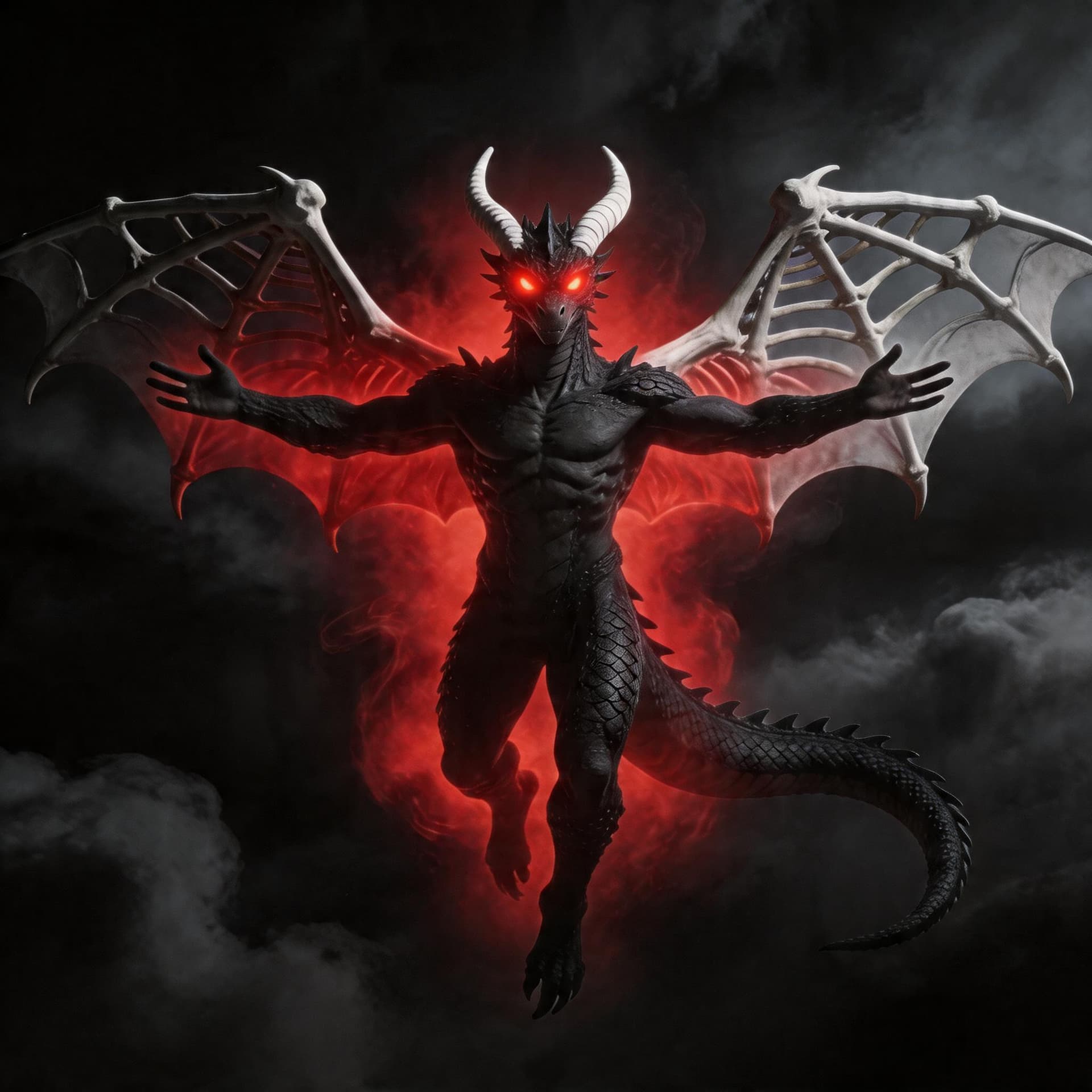 AI generated: change the glowing eyes to red and the teal aura surrounding him to red as well and change the backg...