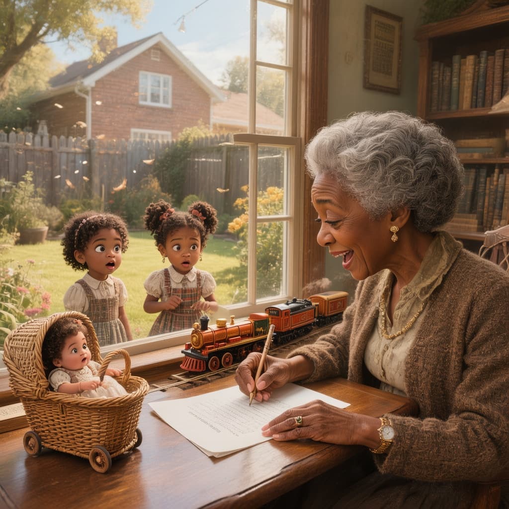 AI generated:  In the year 2026, a modern dark-brown-skinned grandma sitting at her desk writing a letter as she l...
