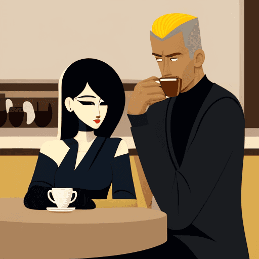AI generated: A man and a woman are drinking coffee in a coffee shop. vector character illustration, in the style ...