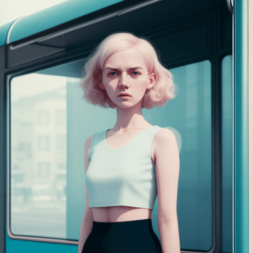 AI generated: a woman wearing a cropped top and short squirt standing in front of the bus stop, in the style of Ol...