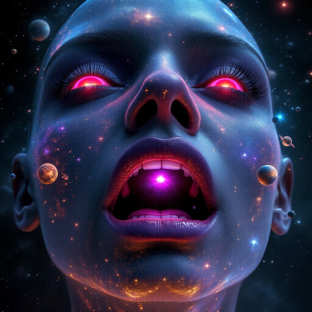 AI generated: close up of an enormous cosmic giantess floating in space's nostrils, minuscule galaxy in front of h...