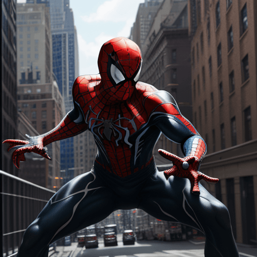 AI generated: venom suit spider man, New york street as background, ray traicing, High detail color photo, a profe...