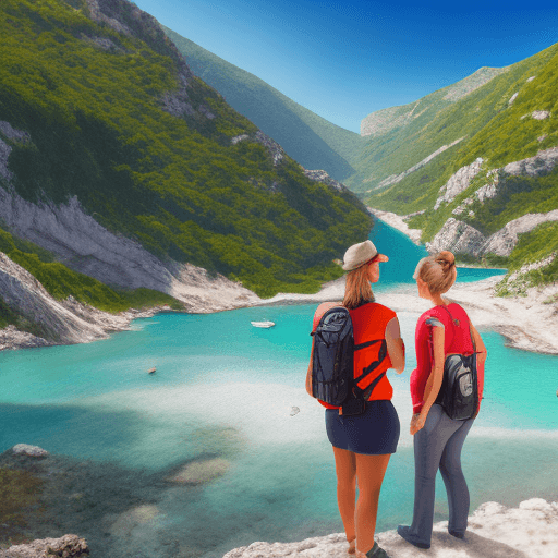 AI generated: Woman guide that making tours in Albania with toursit on beaches, mountains, sea, caves, cinematic, ...
