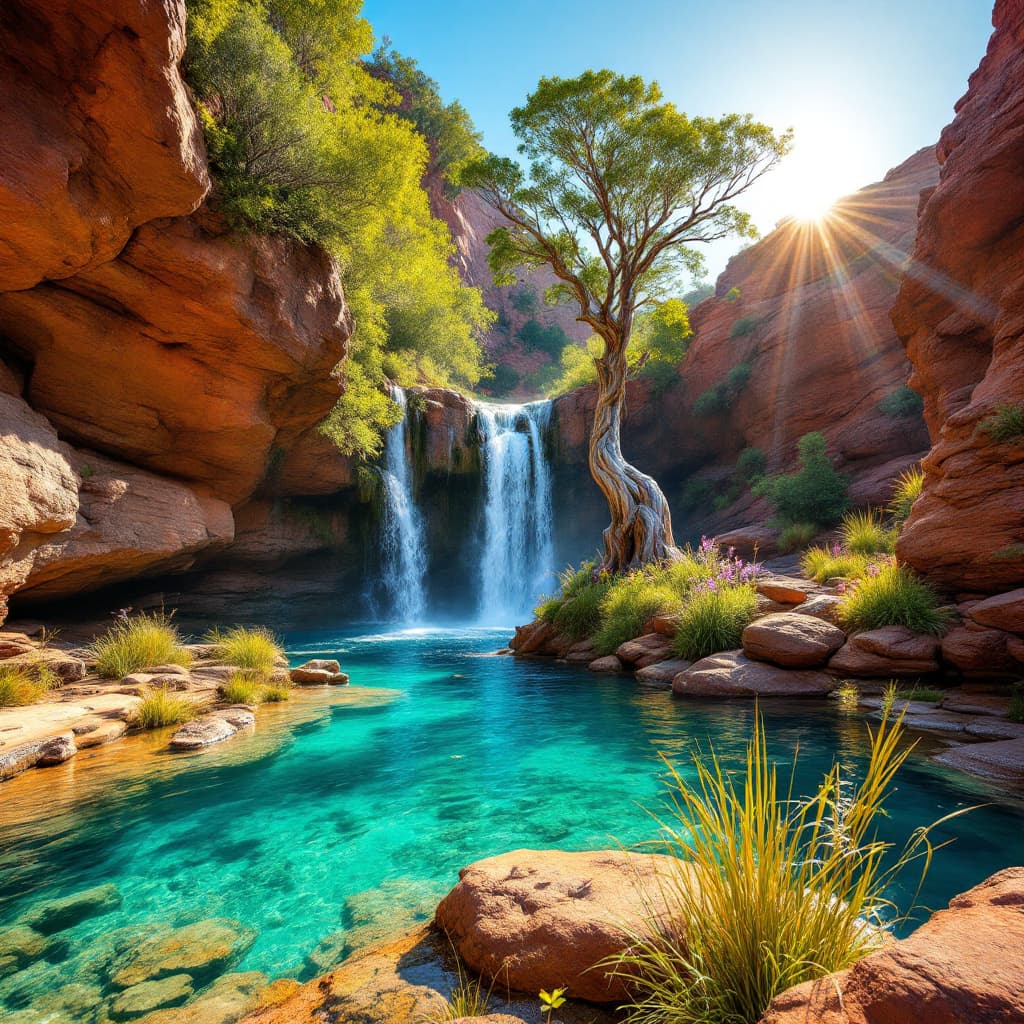 AI generated: Create an award-winning image of an Australian outback landscape, featuring a breathtaking rocky wat...