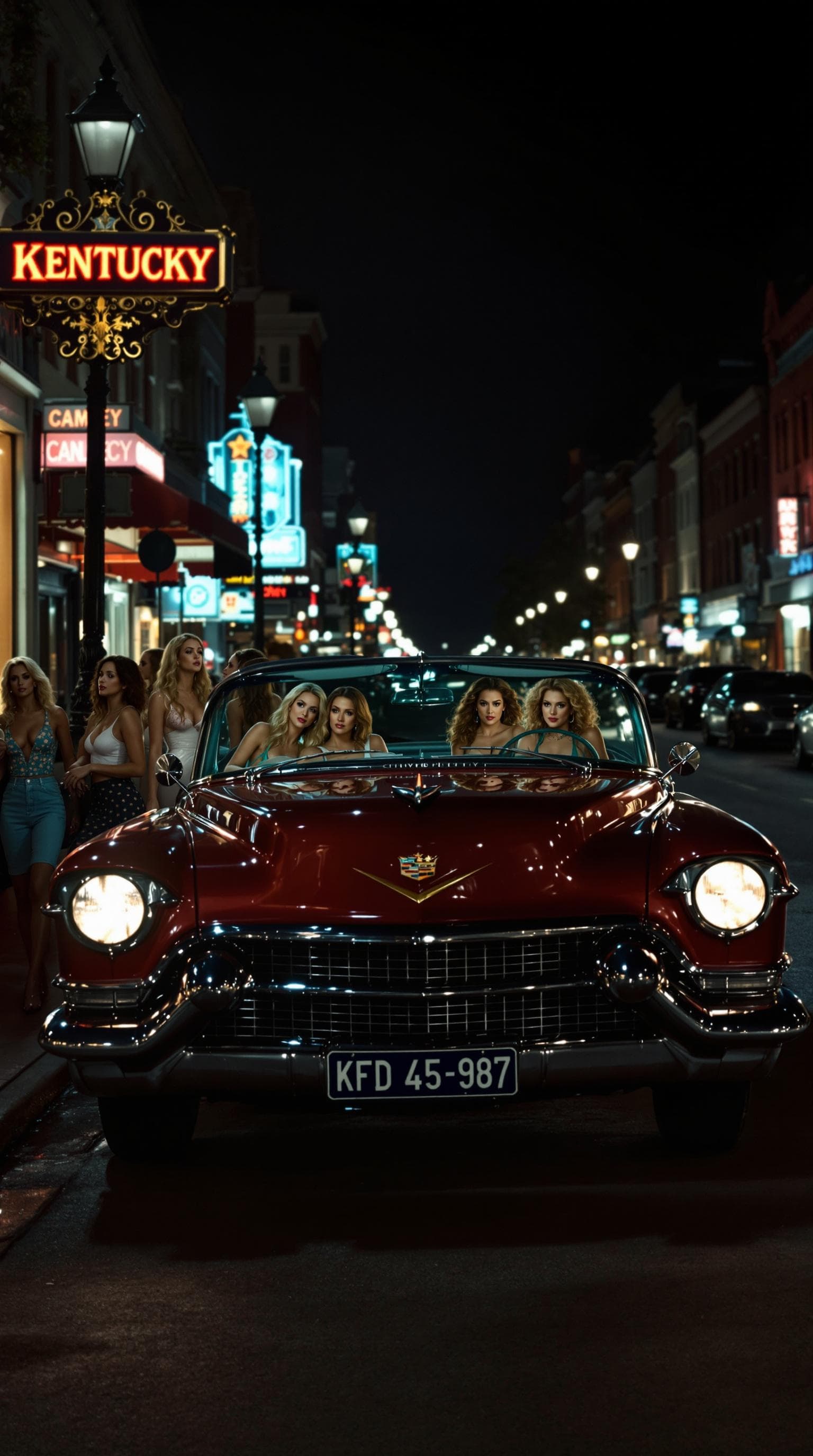 AI generated: A vintage, candy-red Cadillac, parked on a lively Kentucky avenue ar night, with several gorgeous wo...