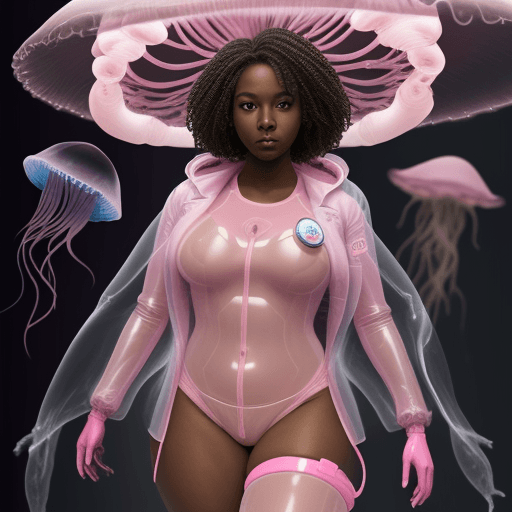 AI generated: dark skin, jellyfish, female adult, pink, thick thighs, tech suit, lab coat