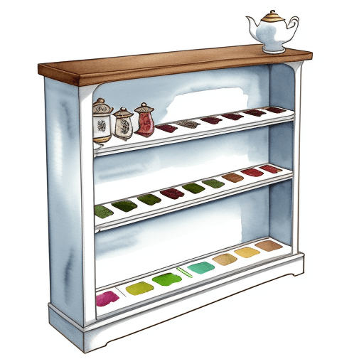AI generated: watercolor fully stocked tea shelf clip art, isolated on white background --no shadows --q 2 --v 5