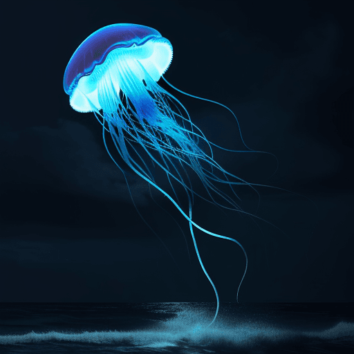 AI generated: A jellyfish composed of lightning floating in dark ocean waters.	