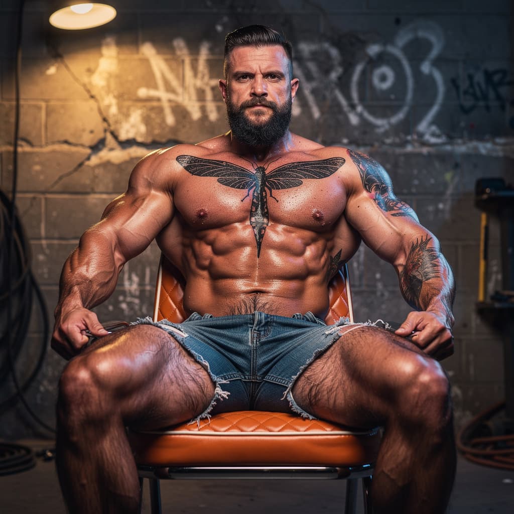 AI generated: Hyper-realistic indoor dramatic portrait photograph of a rugged, extremely muscular and heavily tatt...
