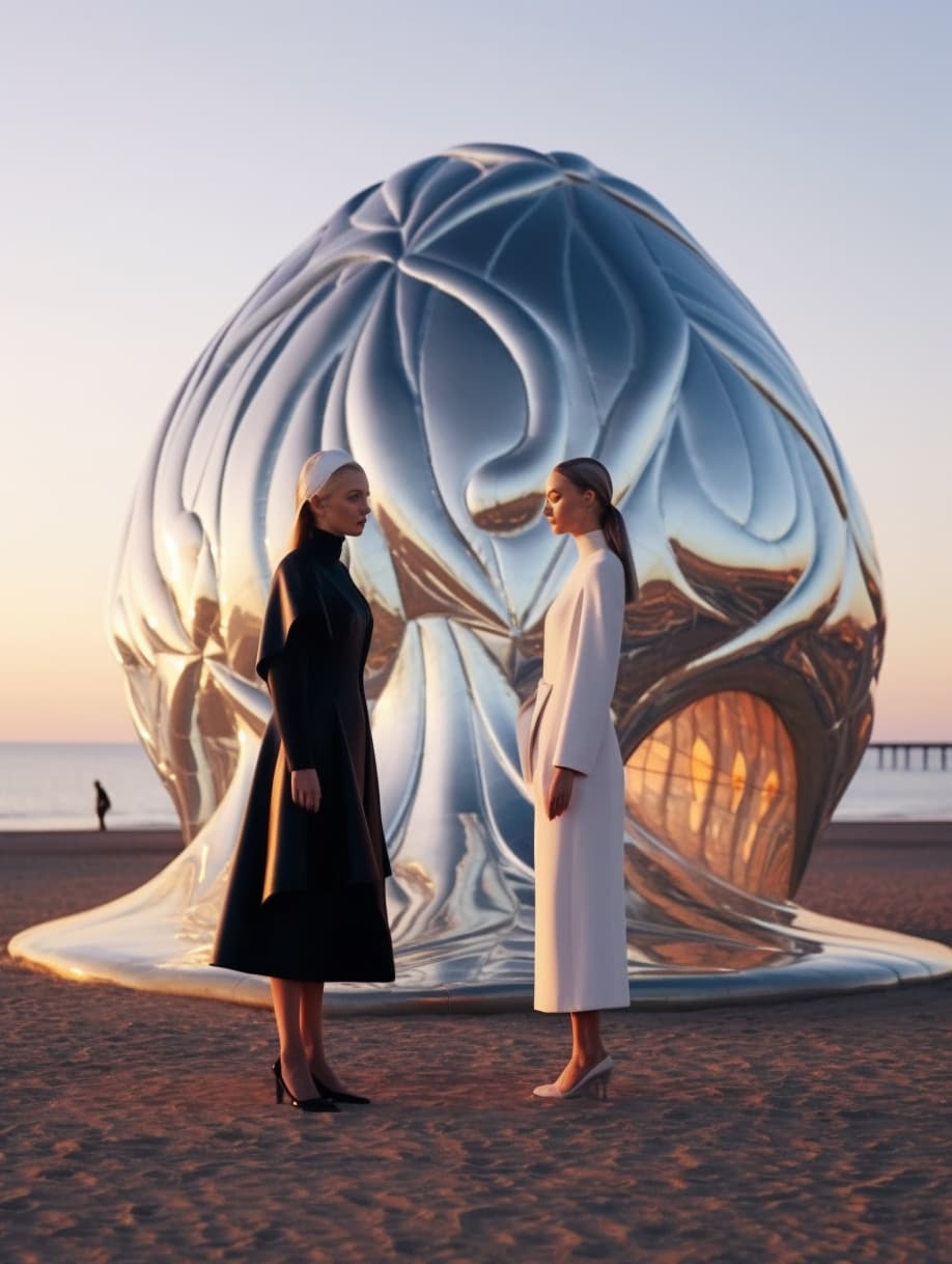AI generated: a couple of women standing next to each other on a beach, a surrealist sculpture, tumblr, slavicturi...