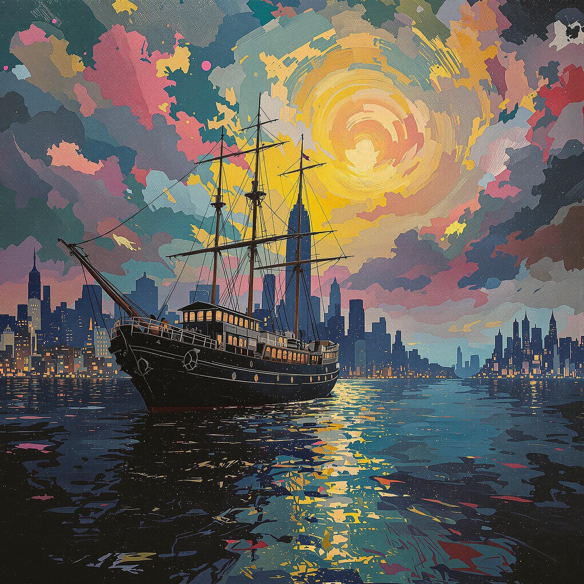 AI generated:  Psychedelic, Surreal. A painting of Manhattan  as seen from a schooner lighting, battered, low angl...