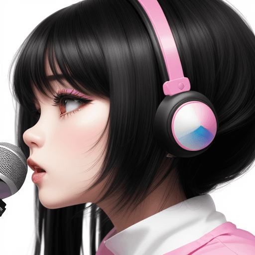 AI generated: high detail, white background with colorful lines. beautiful karaoke girl, black hair.