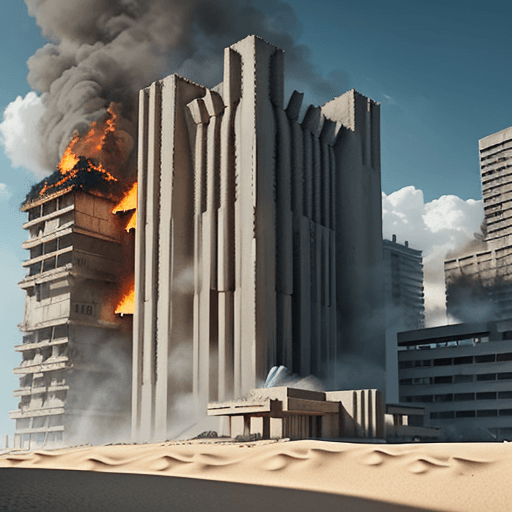 AI generated: architecture sand concrete monolith big building on fire brutalist monumental symetric texture barbi...