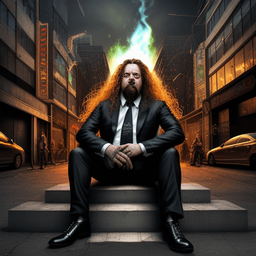 AI generated: Hyper realistic thrash metal, sitting on a city scene.  Money and Gentleman people, glowing and illu...