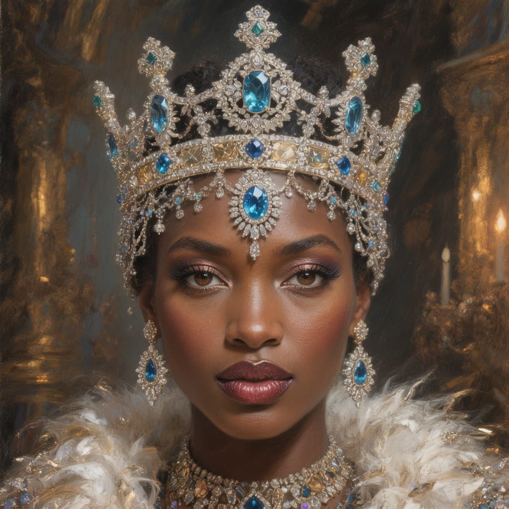 AI generated: realistic oil painting of various sparkling jewels ON A CROWN ON THE HEAD OF an African QUEEN, paint...