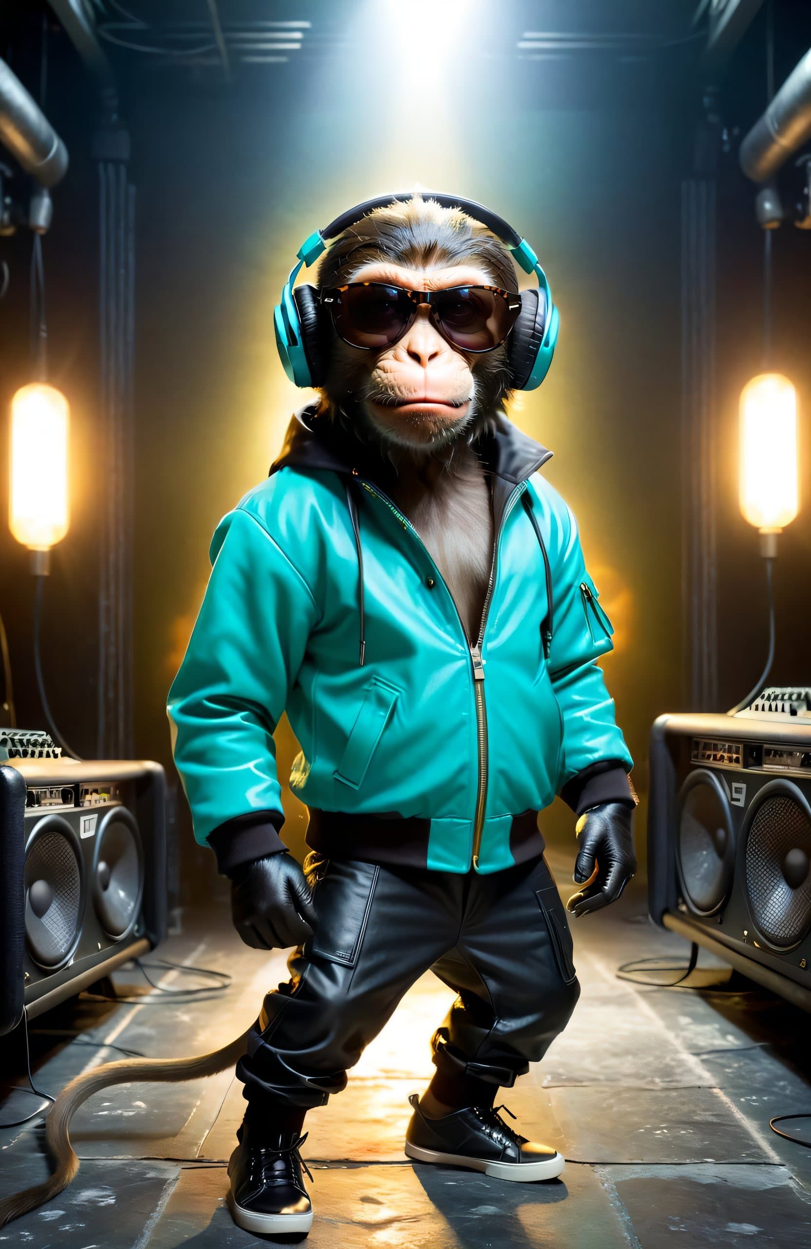 AI generated: action packed, The image features a (monkey wearing a tosca jacket:1.3), a black shirt, and a pair o...