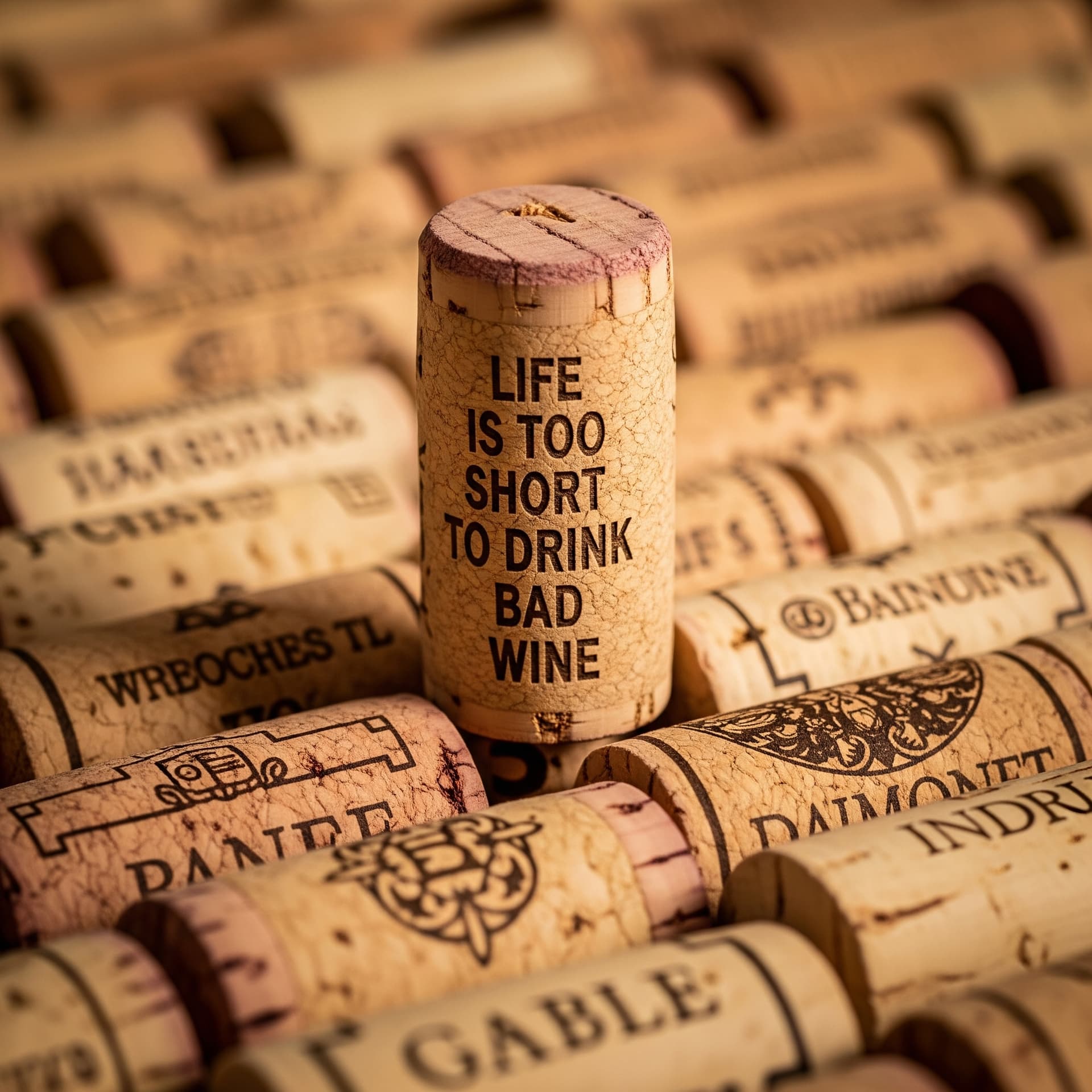 AI generated: A close-up, eye-level shot of a single, well-preserved cork standing upright amidst a bed of used wi...