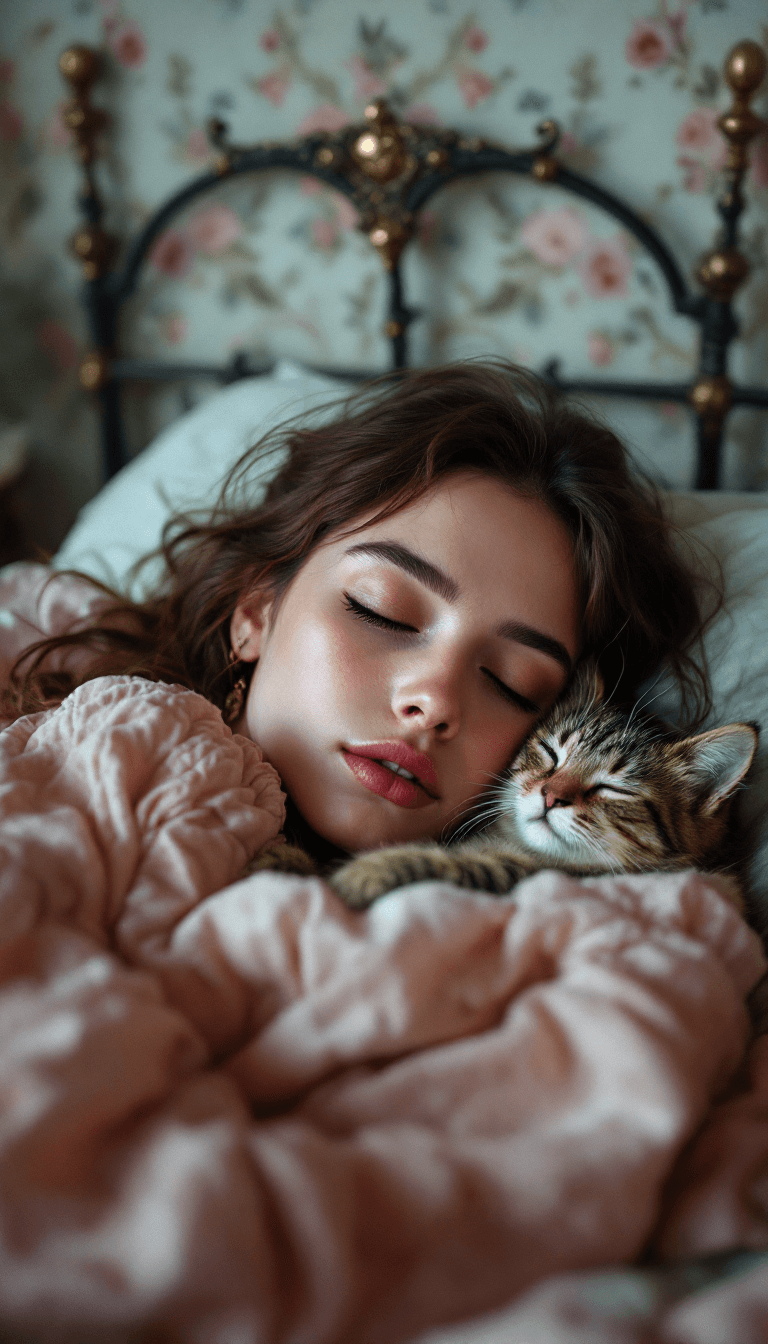 AI generated: a closeup photo of a bohemian woman with rosy skin and a cat, they are cuddled up and sleeping in a ...