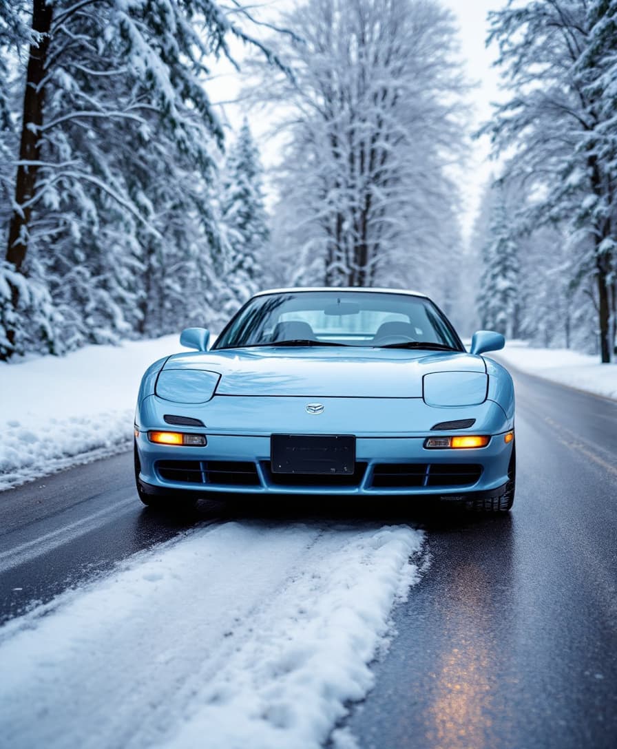 AI generated: year 1988 mazda rx7 in light blue color in winter road