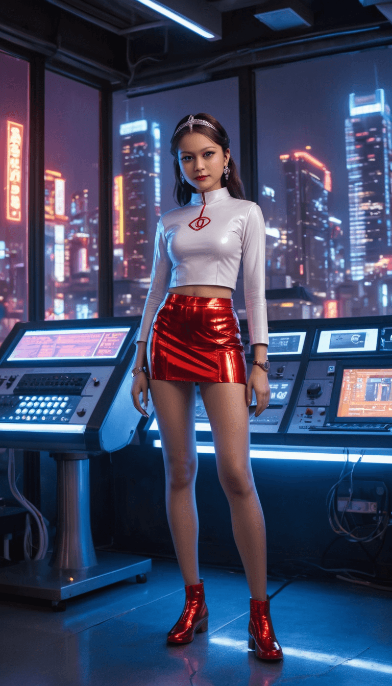 AI generated: A confident and alluring female character, Fawsums, stands poised in a cutting-edge laboratory, surr...