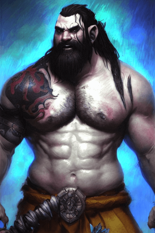AI generated: tattooed, muscled sweaty shirtless half - orc barbarian champion with a full dark beard, visibly thi...