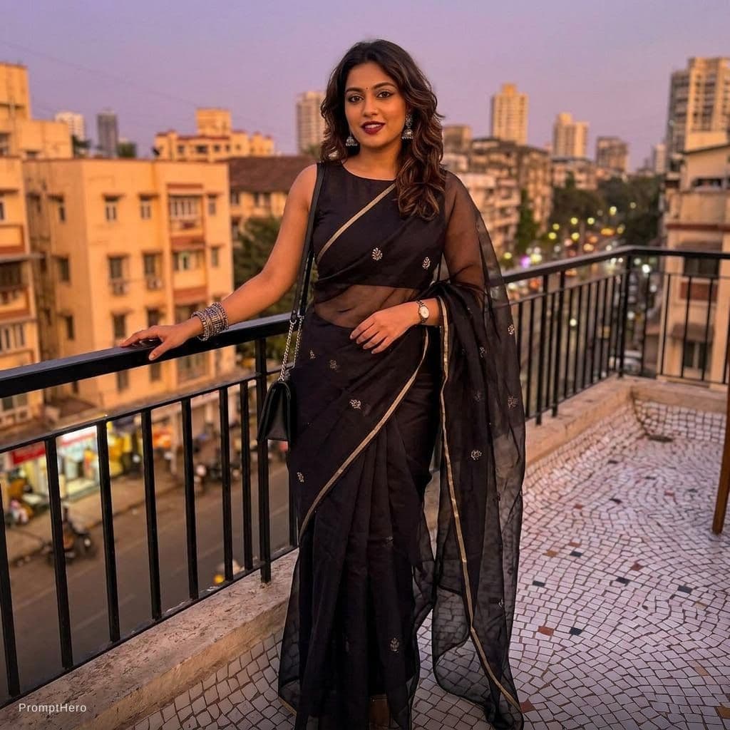 AI generated: Create a 25 year hot Indian influencer she's wearing a bold style transparent saree