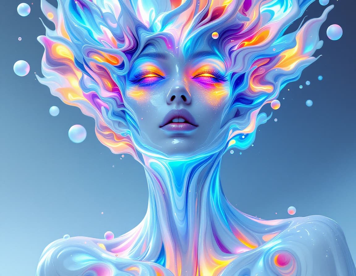 AI generated: dreamlike humanoid being made entirely out of softly glowing paint. body, back of neck, back and top...